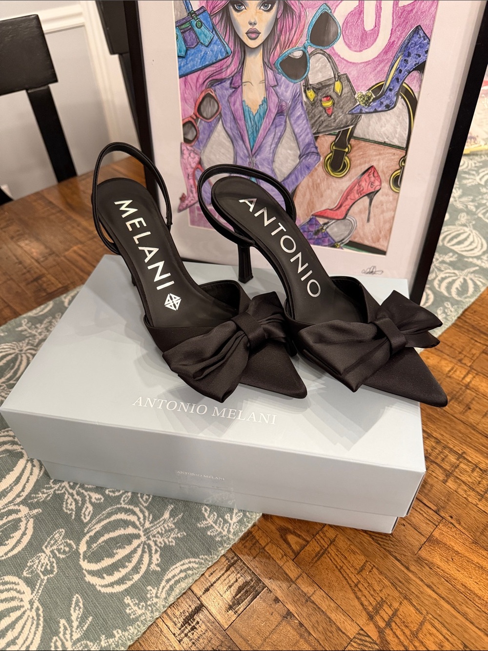 ANTONIO MELANI Black Satin Pointed-Toe Slingback Heels with Bow - Picture 8 of 15